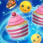 파란 배경에 핑크색 컵케이크와 웃는 얼굴 이모티콘, 그리고 번개 효과가 있는 이미지