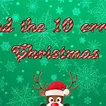 초록색 눈송이 배경 위에 Find the 10 errors Christmas라는 빨간색 글자와 루돌프 사슴 그림이 있습니다