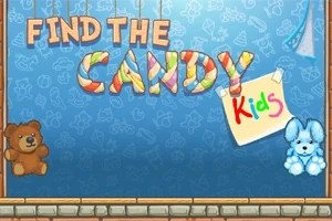 알록달록한 Find the Candy 글자와 곰인형, 파란 인형이 있는 파란색 배경 이미지