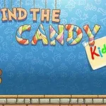 알록달록한 Find the Candy 글자와 곰인형, 파란 인형이 있는 파란색 배경 이미지
