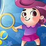 커다란 돋보기를 든 소녀가 알록달록한 캔디가 든 자판기 앞에 서 있는 장면