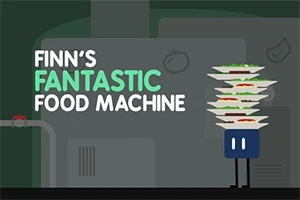 녹색과 회색 배경 앞에 서 있는 접시들이 쌓인 검은색 바지의 캐릭터와 FINNS FANTASTIC FOOD MACHINE라는 텍스트