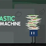 녹색과 회색 배경 앞에 서 있는 접시들이 쌓인 검은색 바지의 캐릭터와 FINNS FANTASTIC FOOD MACHINE라는 텍스트