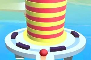 빨간색과 노란색으로 줄무늬가 있는 탑과 파란색 플랫폼 위에 놓인 빨간 공