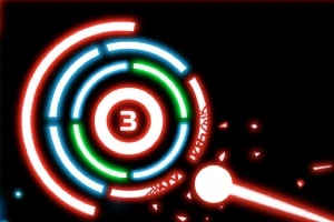 검은 배경에 빛나는 빨강, 파랑, 초록색 원과 숫자 3이 중앙에 있고, 하얀 빛의 공이 오른쪽에서 왼쪽으로 움직이고 있다