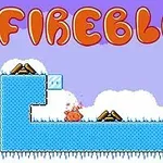 주황색 불꽃 모양의 캐릭터가 푸른 얼음 지형 위에 있는 장면