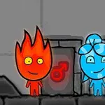 빨간 불 모양의 캐릭터와 파란 물방울 모양의 캐릭터가 나란히 서 있으며, 배경에는 남성과 여성 기호가 있는 문이 보인다