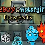 불꽃 모양의 빨간 캐릭터와 물방울 모양의 파란 캐릭터가 큰 숫자 5와 함께 다양한 상징들과 배경에 있는 회색 벽을 배경으로 서 있는 이미지