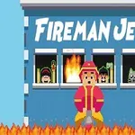 소방관 옷을 입은 사람이 불타는 건물 앞에 서 있고, 건물의 창문들에는 사람들과 불꽃이 보임