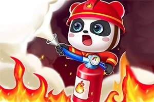 소방관 헬멧을 쓴 판다가 소화기를 사용하여 불을 끄는 모습