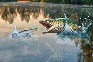 큰 물고기가 물속에서 작은 물고기를 향해 입을 벌리고 있는 장면