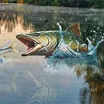 큰 물고기가 물속에서 작은 물고기를 향해 입을 벌리고 있는 장면