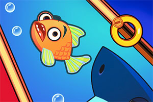 만화 스타일의 물고기가 물속에서 두려운 표정을 짓고 있는 모습