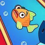 만화 스타일의 물고기가 물속에서 두려운 표정을 짓고 있는 모습