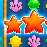 오렌지색 불가사리 세 개와 주변에 다양한 색상의 해양 생물 형태 아이콘들이 있는 밝고 선명한 배경