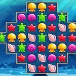 바다 생물을 형상화한 다양한 형상의 아이콘들이 바둑판 모양으로 배열되어 있는 이미지