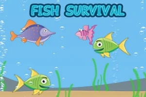 물속에서 다양한 색상의 물고기들과 FISH SURVIVAL이라는 글자가 있는 장면