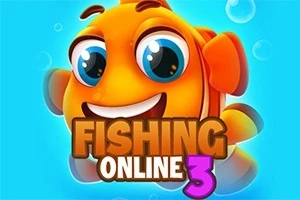 파란 배경에 귀여운 만화 스타일의 주황색 물고기와 FISHING ONLINE 3 텍스트가 있는 이미지