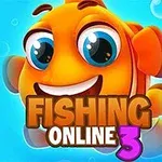파란 배경에 귀여운 만화 스타일의 주황색 물고기와 FISHING ONLINE 3 텍스트가 있는 이미지