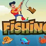 남자가 낚싯대를 들고 있고 다양한 물고기와 게가 있는 만화 스타일의 이미지