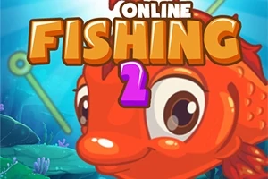 큰 눈을 가진 귀여운 빨간 물고기와 ONLINE FISHING 2라는 글자가 있는 이미지