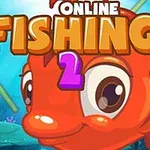 큰 눈을 가진 귀여운 빨간 물고기와 ONLINE FISHING 2라는 글자가 있는 이미지