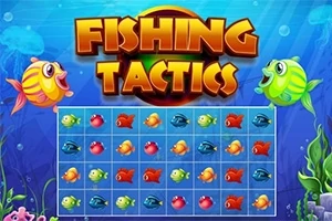 밝은 색의 만화 물고기들과 함께 바다 배경에 그리드 형식으로 배열된 여러 색상의 작은 물고기들이 있는 이미지