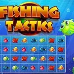 밝은 색의 만화 물고기들과 함께 바다 배경에 그리드 형식으로 배열된 여러 색상의 작은 물고기들이 있는 이미지