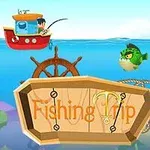 낚시하는 사람이 있는 빨간색 배와 물속의 녹색 물고기, 나무 간판에 Fishing Trip이라는 글자가 있는 장면