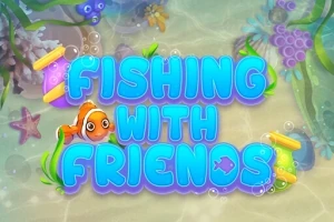밝고 알록달록한 바탕에 물고기와 물방울이 있는 텍스트 FISHING WITH FRIENDS