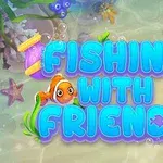 밝고 알록달록한 바탕에 물고기와 물방울이 있는 텍스트 FISHING WITH FRIENDS