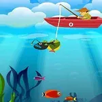 낚시를 하는 사람이 빨간 보트에 앉아 물고기를 낚는 장면