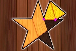 나무 배경 위에 다양한 색상의 나무 조각들로 구성된 별 모양 퍼즐