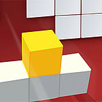 노란색 큐브가 빨간색 배경 위에 놓인 흰색 큐브 두 개 위에 있는 모습