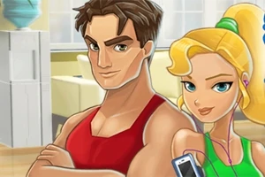 운동복을 입은 두 명의 만화 스타일 인물이 실내에서 포즈를 취하고 있는 모습