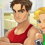 운동복을 입은 두 명의 만화 스타일 인물이 실내에서 포즈를 취하고 있는 모습