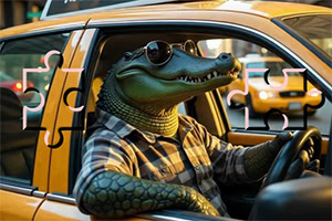 선글라스를 쓰고 노란색 택시를 운전하는 셔츠 입은 악어