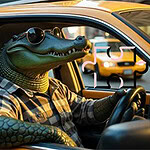 선글라스를 쓰고 노란색 택시를 운전하는 셔츠 입은 악어