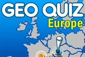 유럽 지도를 배경으로 GEO QUIZ Europe라는 텍스트가 있는 이미지