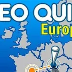 유럽 지도를 배경으로 GEO QUIZ Europe라는 텍스트가 있는 이미지