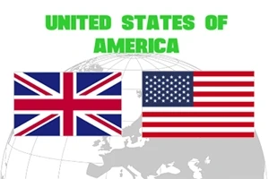 영국 국기와 미국 국기가 지구 지도 위에 나란히 놓여 있으며, 위에 UNITED STATES OF AMERICA라는 글자가 녹색으로 쓰여 있습니다