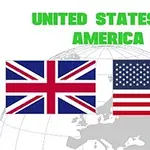 영국 국기와 미국 국기가 지구 지도 위에 나란히 놓여 있으며, 위에 UNITED STATES OF AMERICA라는 글자가 녹색으로 쓰여 있습니다