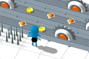 파란 캐릭터가 톱니와 달걀 모양 아이템이 있는 회색 트랙 앞에 서 있는 모습