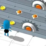 파란 캐릭터가 톱니와 달걀 모양 아이템이 있는 회색 트랙 앞에 서 있는 모습