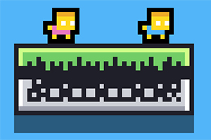 두 개의 픽셀 스타일 캐릭터가 초록색과 검정색의 패턴 위에 서 있는 장면