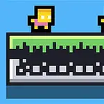 두 개의 픽셀 스타일 캐릭터가 초록색과 검정색의 패턴 위에 서 있는 장면