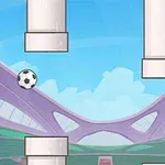 축구공이 하늘색 배경의 경기장과 흰색 기둥 사이를 날고 있는 장면