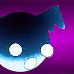 보라색 배경에 두 개의 날개와 동그란 눈을 가진 어두운 원형 생물