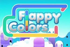 파스텔 색상의 하늘을 배경으로 구름과 알록달록한 문자 Flappy Colors가 있는 이미지