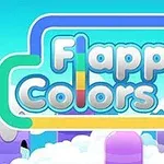 파스텔 색상의 하늘을 배경으로 구름과 알록달록한 문자 Flappy Colors가 있는 이미지